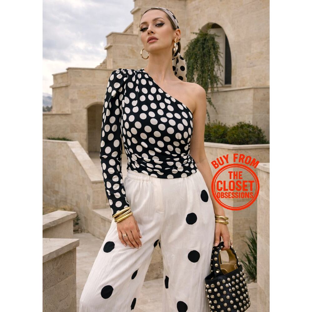 MANGO Asymmetrical Polka Dot Satin Blouse ✨🖤🤍 NWT